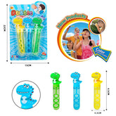 Dino Bubble Tube Set – 3 - Pack Blister Card with colorful bubble tubes and happy children playing.